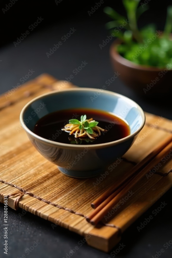 Dark stained bamboo mat, porcelain bowl of soy sauce, polished chopsticks , japanese, bamboo Dark stained bamboo mat, porcelain bowl of soy sauce, polished chopsticks , japanese, bamboo