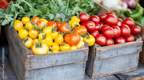 Vibrant Yellow and Red Tomatoes in Rustic Wooden Crates at a Farmers Market