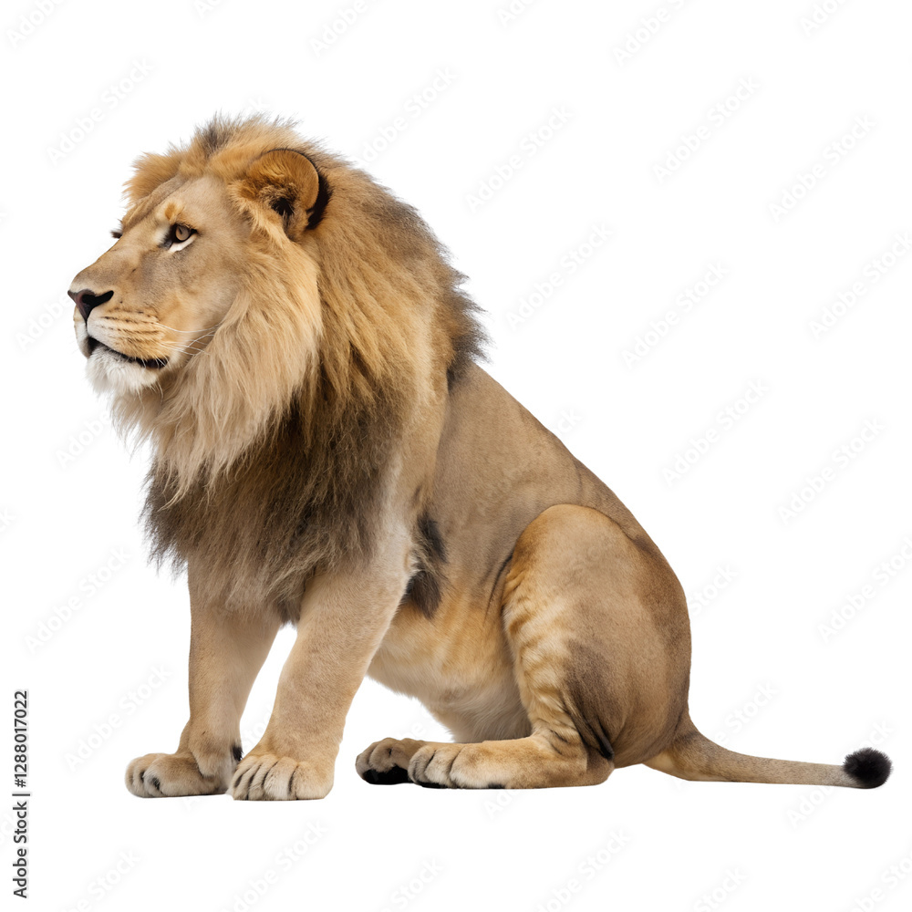 Obraz premium Lion panthera leo sitting, full body portrait isolated transparent, Isolated Trasnparent Background, Png Isolated, Trasnparent Background
