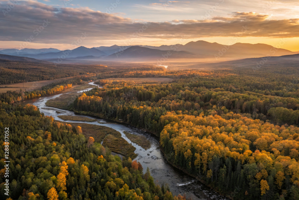 Fototapeta premium Breathtaking autumn landscape with river and mountains at sunset