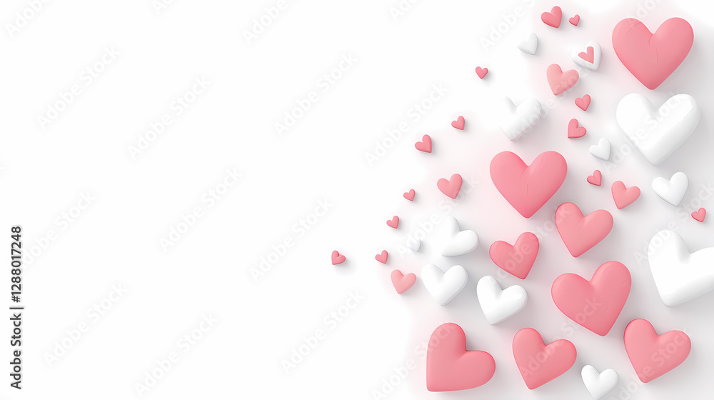 Pink and white hearts scattered on a white background. A lovely design perfect for Valentine's Day or any romantic occasion. Pink and white hearts scattered on a white background. A lovely design perfect for Valentine's Day or any romantic occasion.