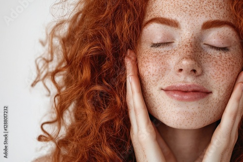 A Hispanic girl with a smattering of freckles on her face is featured in a beautiful photograph highlighting her healthy skin and advertising skincare products photo