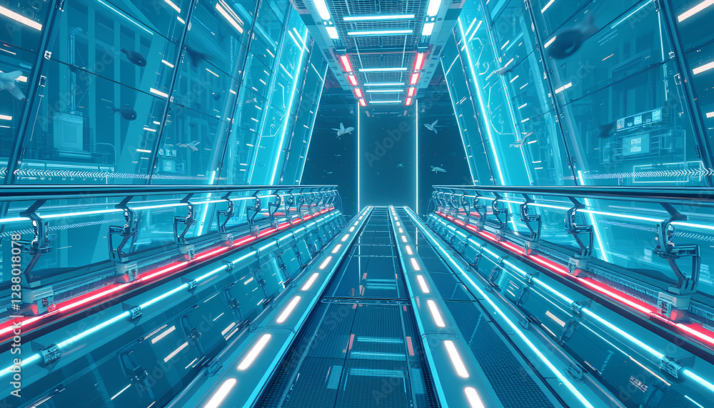 Fototapeta premium Futuristic VR bridge composed of transparent glass panels and holographic railings, suspended in a cyber world filled with flying avatars