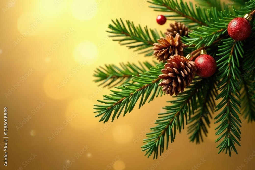 Dense evergreen branch with glittering berries and pinecones against a warm golden background, holiday, branch Dense evergreen branch with glittering berries and pinecones against a warm golden background, holiday, branch