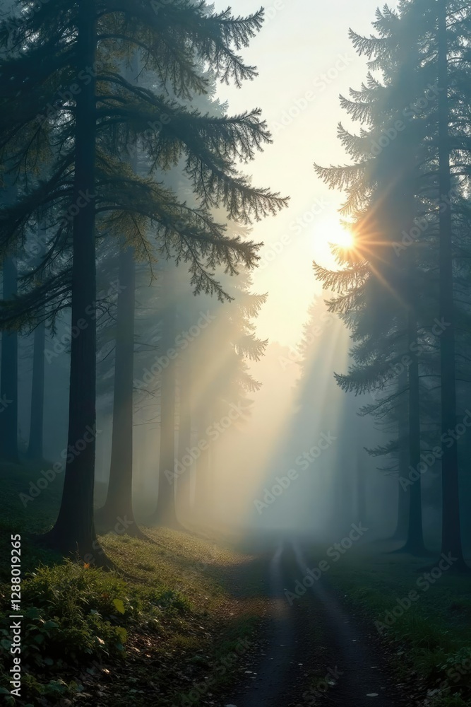 Obraz premium Dense fog slowly lifts revealing soft sunlight filtering through trees, atmospheric conditions, peaceful haven, gentle light