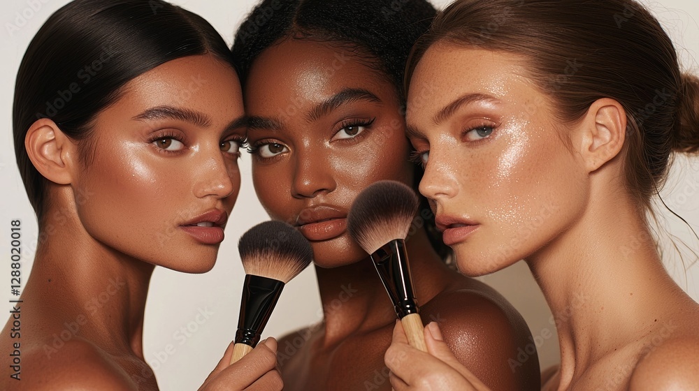 Fototapeta The application of Contour and Highlight makeup is shown on a young woman, as a multiracial lady uses a brush to apply her makeup and undergo a professional face contouring session