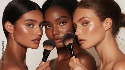 Obraz The application of Contour and Highlight makeup is shown on a young woman, as a multiracial lady uses a brush to apply her makeup and undergo a professional face contouring session