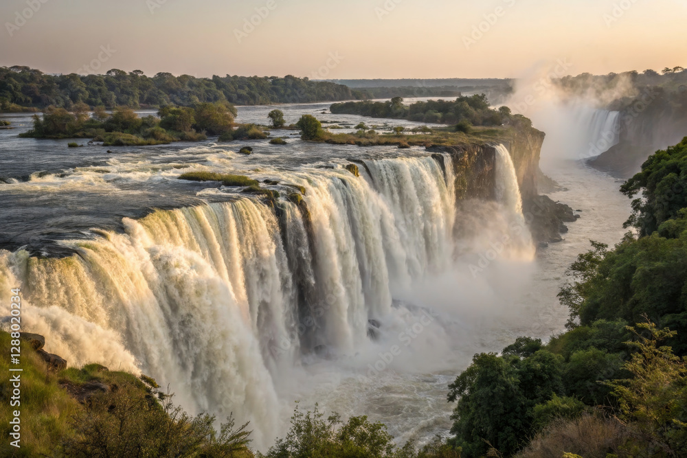 Fototapeta premium Majestic waterfall cascading into river, surrounded by lush greenery