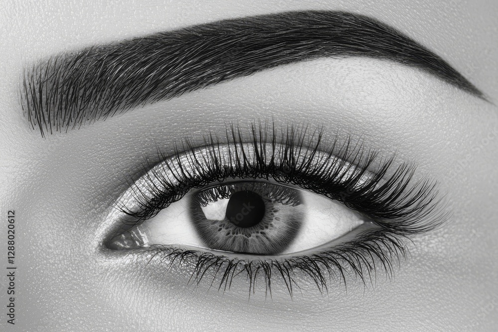 Obraz premium This monochrome close-up of an eye featuring bold lashes and defined brows exudes classic beauty and contrast, making it suitable for high-fashion magazines, dramatic beauty campaigns, and art