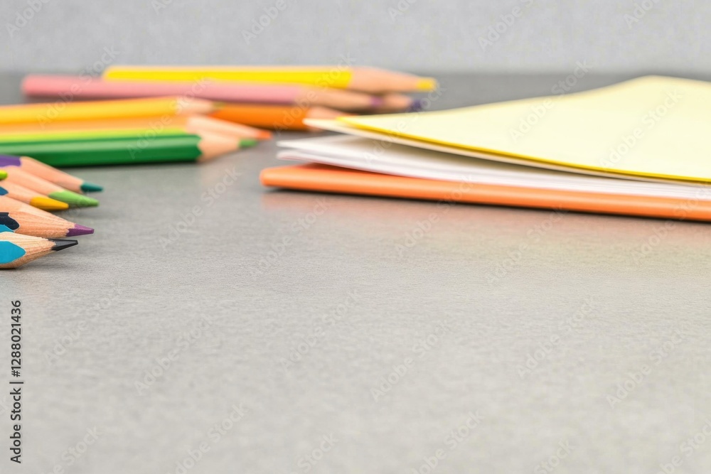 Colorful pencils and sheets arranged neatly on gray surface, ins Colorful pencils and sheets arranged neatly on gray surface, ins