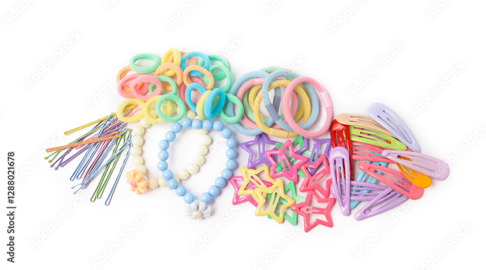 Fototapeta premium Colorful cute hair accessories isolated on white, top view