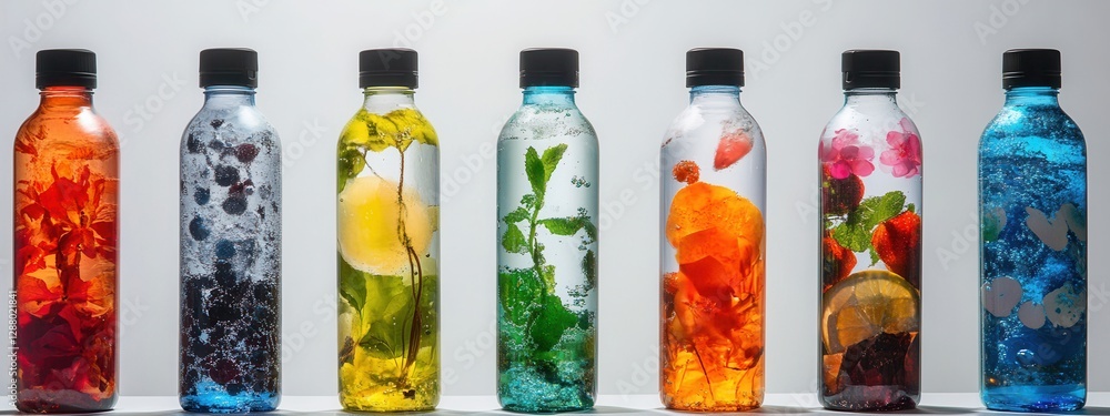 Fototapeta premium Colorful Bottles with Vibrant Natural Ingredients in Water Showcasing Health and Wellness Lifestyle