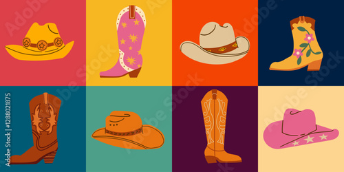 Cowboy hats and boots. Isolated boot, cowgirl fashion decorative accessories and shoes. Wild west elements design, cartoon decent vector set