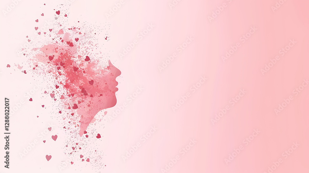 Obraz premium A dreamy watercolor portrait of a woman, dissolving into pink hearts. Perfect for Valentine's Day or romantic themes.