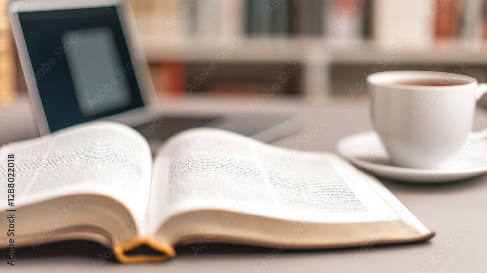 Open book rests on table next to laptop and steaming cup of coff Open book rests on table next to laptop and steaming cup of coff