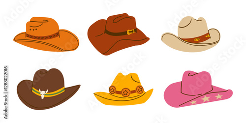 Cowboy Hats set in Various Styles and Colors isolated on white background. Vector Illustration. Cartoon elements for western, cowboy, country, fashion-themed projects, poster and character design.