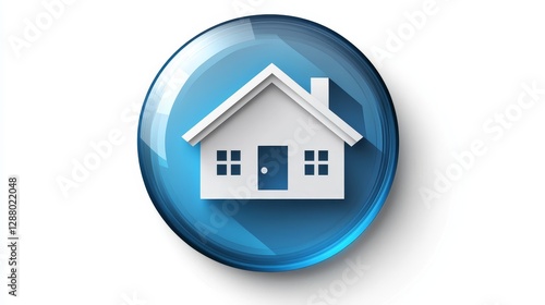 icon of flat house in blue transparent glass circle on white background, top view