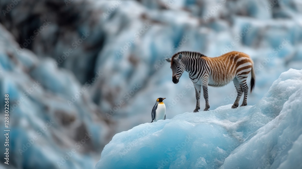 Fototapeta premium In an ethereal icy backdrop, a zebra observes an emperor penguin perched on a floating ice structure, symbolizing the beauty and uniqueness of animal friendships in stark environments.