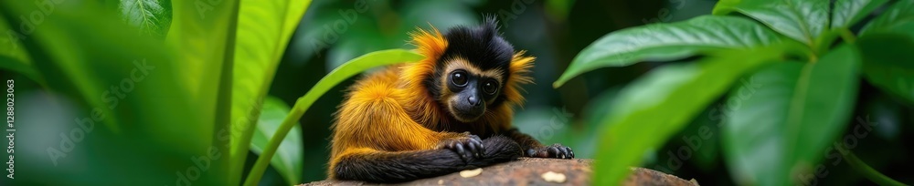 Fototapeta premium Marmoset monkey snuggled up among tropical plants, cozy atmosphere, peaceful scene, plant