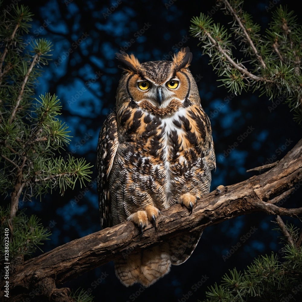 Obraz premium A dolphin leaping out of the ocean at sunrise. A majestic owl perched on a branch with a dark, blurred background, showcasing its sharp eyes and intricate feathers