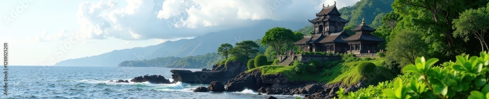 Majestic Tanah Lot temple set amidst lush greenery and rocky outcrops with a serene ocean backdrop, nature, island Majestic Tanah Lot temple set amidst lush greenery and rocky outcrops with a serene ocean backdrop, nature, island