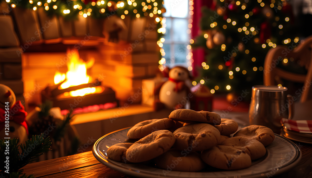 Obraz premium Cozy holiday evening, with a warm fireplace, twinkling fairy lights, and a plate of freshly baked cookies bringing comfort and joy 2