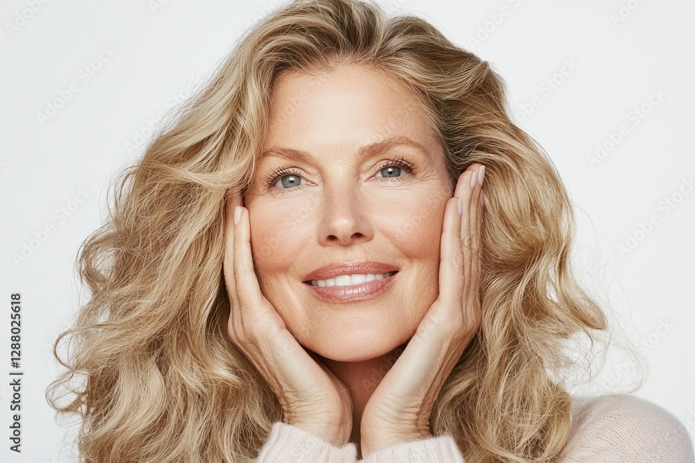 Aged woman with a positive smile, photographed from the side, undergoing a beauty spa procedure on a grey background Aged woman with a positive smile, photographed from the side, undergoing a beauty spa procedure on a grey background