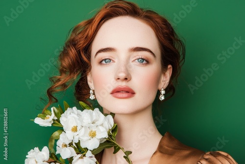 A portrait of a model with red hair, wearing makeup, and holding flowers is shown