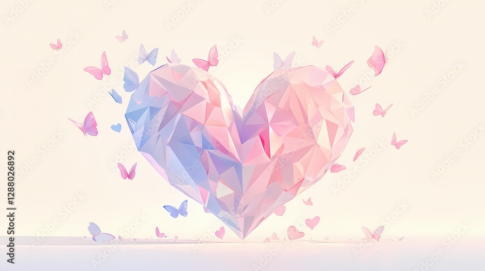 A pastel pink and blue geometric heart surrounded by delicate butterflies. A romantic and dreamy image perfect for Valentine's Day or a wedding.