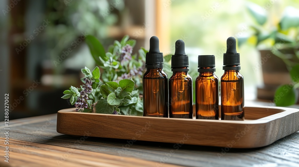 A serene arrangement of amber glass bottles and fresh greenery, set on a wooden tray, highlighting natural wellness and essential oils. A serene arrangement of amber glass bottles and fresh greenery, set on a wooden tray, highlighting natural wellness and essential oils.