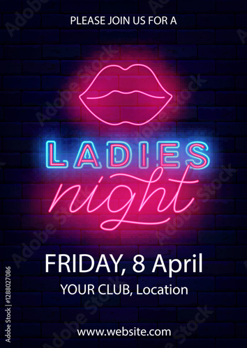Ladies night neon invitation. Girls party. Woman lips. Vertical flyer template. Vector stock illustration