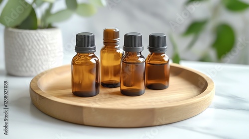 A collection of amber glass essential oil bottles arranged on a wooden tray, accompanied by a decorative plant in the background.