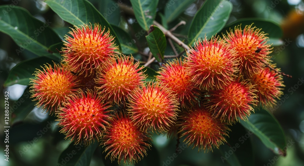 Close-Up of Bright Red and Yellow Rambutans with Spiky Skin on a Tropical Tree Close-Up of Bright Red and Yellow Rambutans with Spiky Skin on a Tropical Tree
