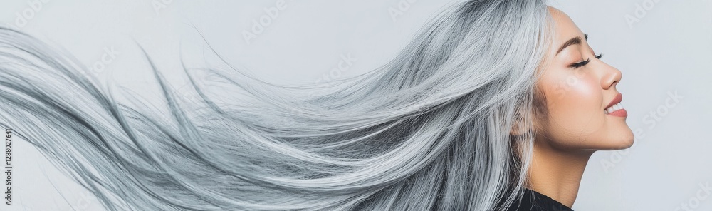 Naklejka premium An Asian lady in her middle age, with a positive demeanor, utilizes her grey locks as a niqab, posing on a chair set against a light-colored backdrop in a studio setting, with room for text,