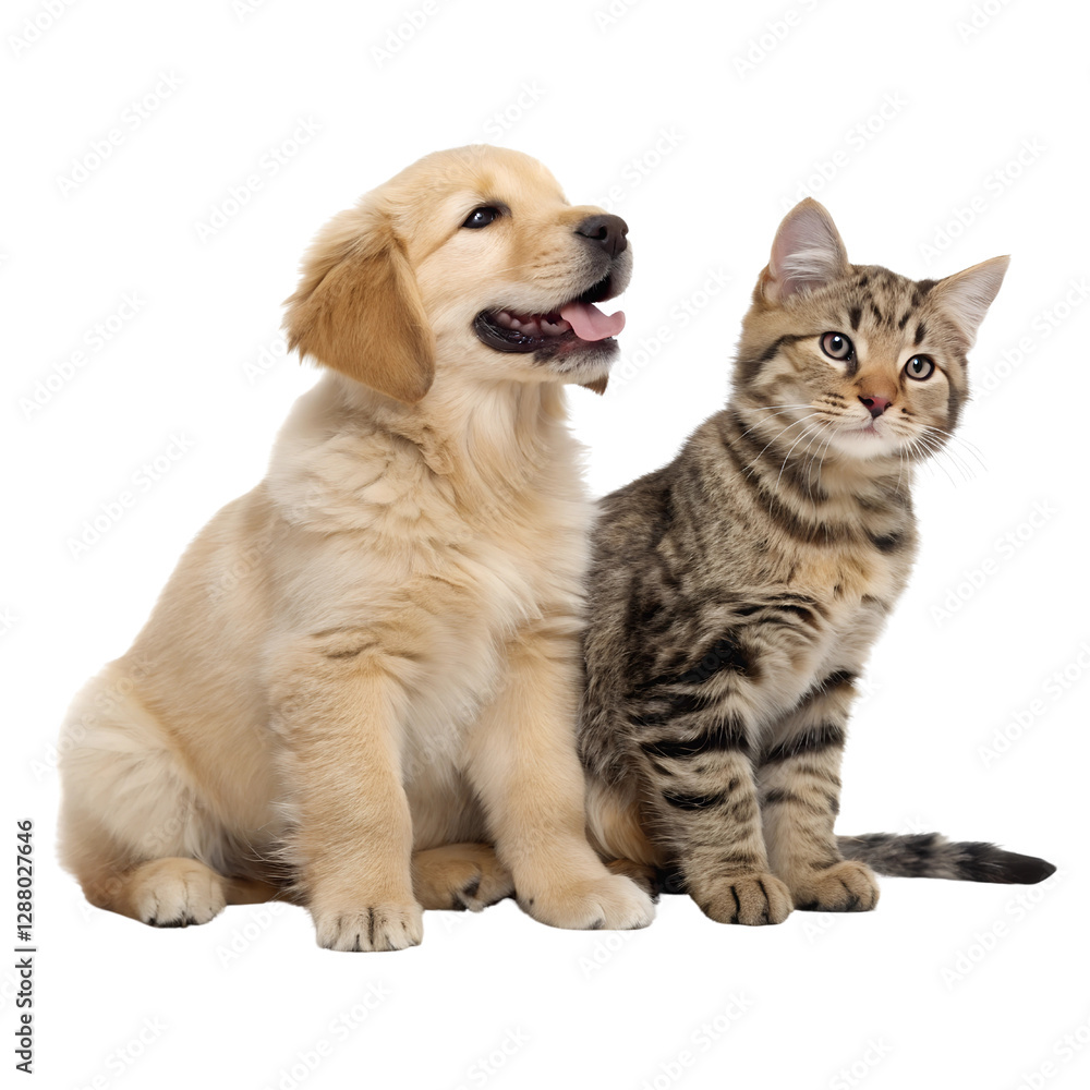 Fototapeta premium Golden retriever puppy and tabby cat sitting together isolated transparent, Isolated Trasnparent Background, Png Isolated, Trasnparent Background
