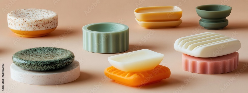Colorful Collection of Modern Soap Dishes and Holders on a Soft Beige Background for Home Decor and Organization Colorful Collection of Modern Soap Dishes and Holders on a Soft Beige Background for Home Decor and Organization