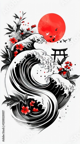 Japanese Wave, Cherry Blossoms, and Rising Sun Artistic Ink Wash Painting