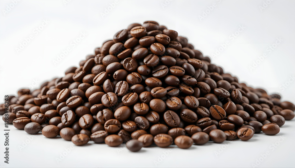 Heap of Roasted Coffee Beans on White Background, Aromatic Fresh Espresso Ingredient for Cafe and Barista Heap of Roasted Coffee Beans on White Background, Aromatic Fresh Espresso Ingredient for Cafe and Barista