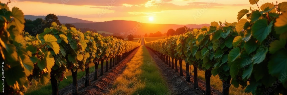 Naklejka premium Vineyard rows with ripening grapes under autumn sky, row, countryside