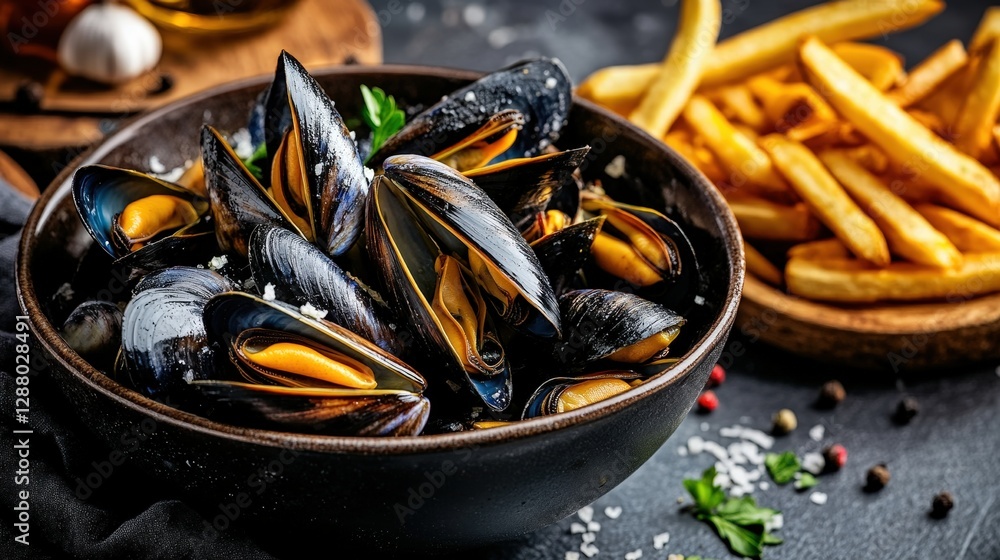 Fresh Mussels in Black Bowl with Golden French Fries on Table Fresh Mussels in Black Bowl with Golden French Fries on Table