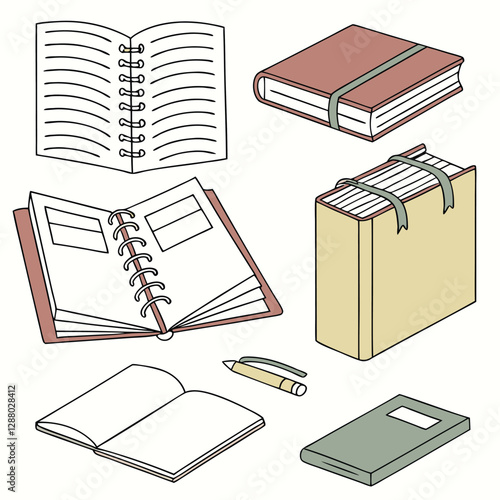 Illustration of Various Types of Notebooks and Journals