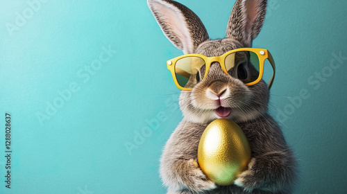 humorous bunny in sunglasses holding golden egg