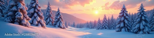 Warm and cozy winter landscape with snow-covered trees, winter scenery, peaceful woods, cold weather