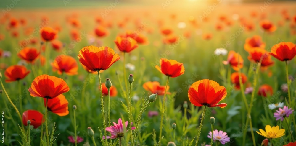 Fototapeta premium A carpet of colorful poppies in a meadow field, Flowers, Meadow