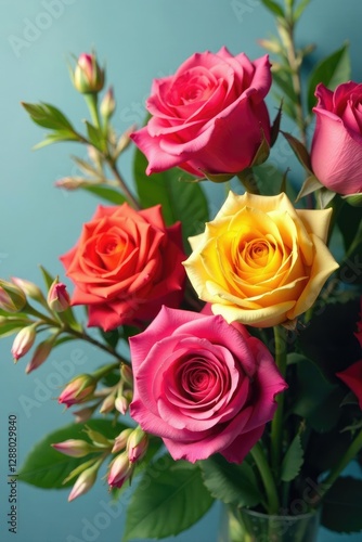 A colorful bouquet of mixed rose colors and foliage,, mix, arrangement