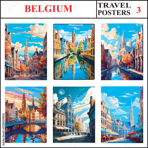 Belgium Brussels Antwerp Ghent Travel Poster Wall Art Print Collection Set Part 3