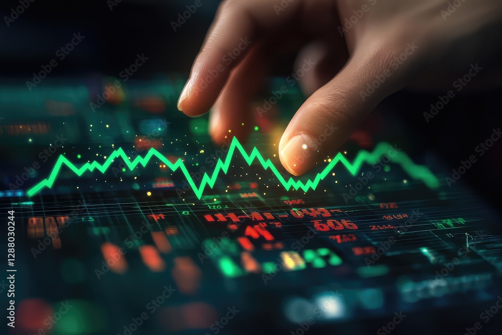 A financial concept image with a hand touching a 3D stock market chart with green upward arrows. A financial concept image with a hand touching a 3D stock market chart with green upward arrows.