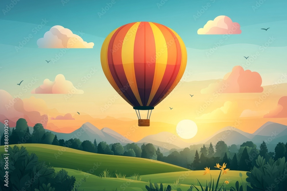Fototapeta premium colorful hot air balloon floating over a serene countryside landscape with a rising sun, Generative AI