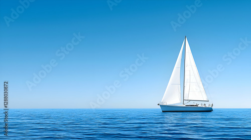 White Sailboat on a Calm Blue Ocean Under a Clear Sky