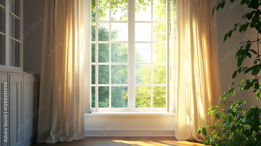 Fototapeta premium A sunlit window with sheer curtains and a green view, creating a serene indoor atmosphere.